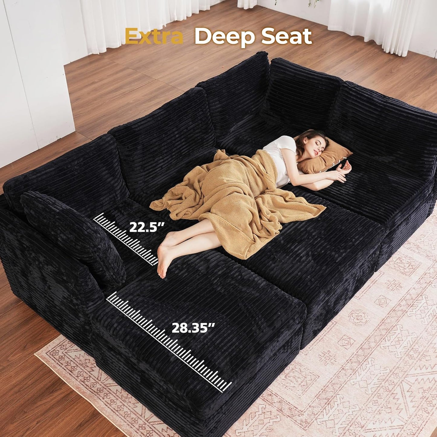 HOOOWOOO Modular Sectional Sofa,8 Pieces Sectional Couches for Living Room,164X66 L Shaped Cloud Couch with Ottoman Chaise Set(Black Velvet Corduroy)