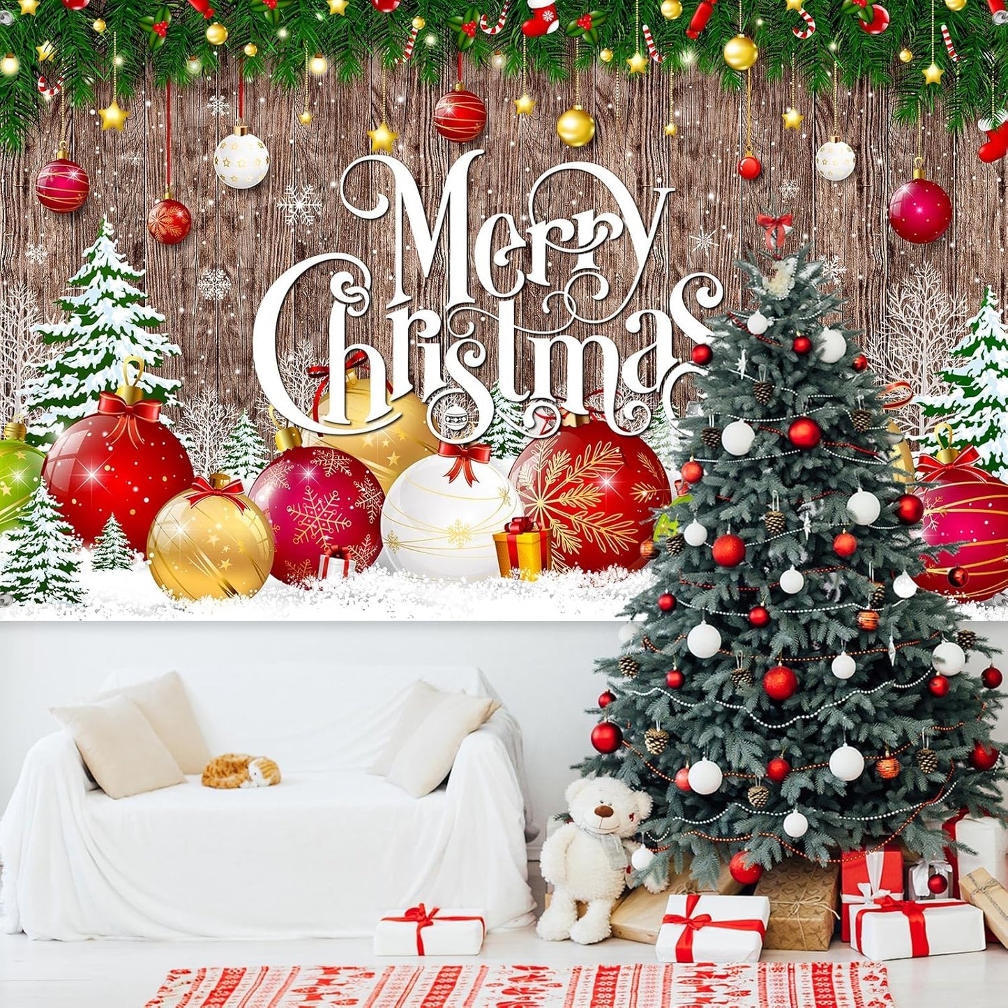 Irenare Christmas Backdrop Merry Christmas Banner Party Decoration Xmas Photography Background Photo Props for Winter Holiday New Year Eve Family Party Decoration Supplies(Large Xmas Ball)