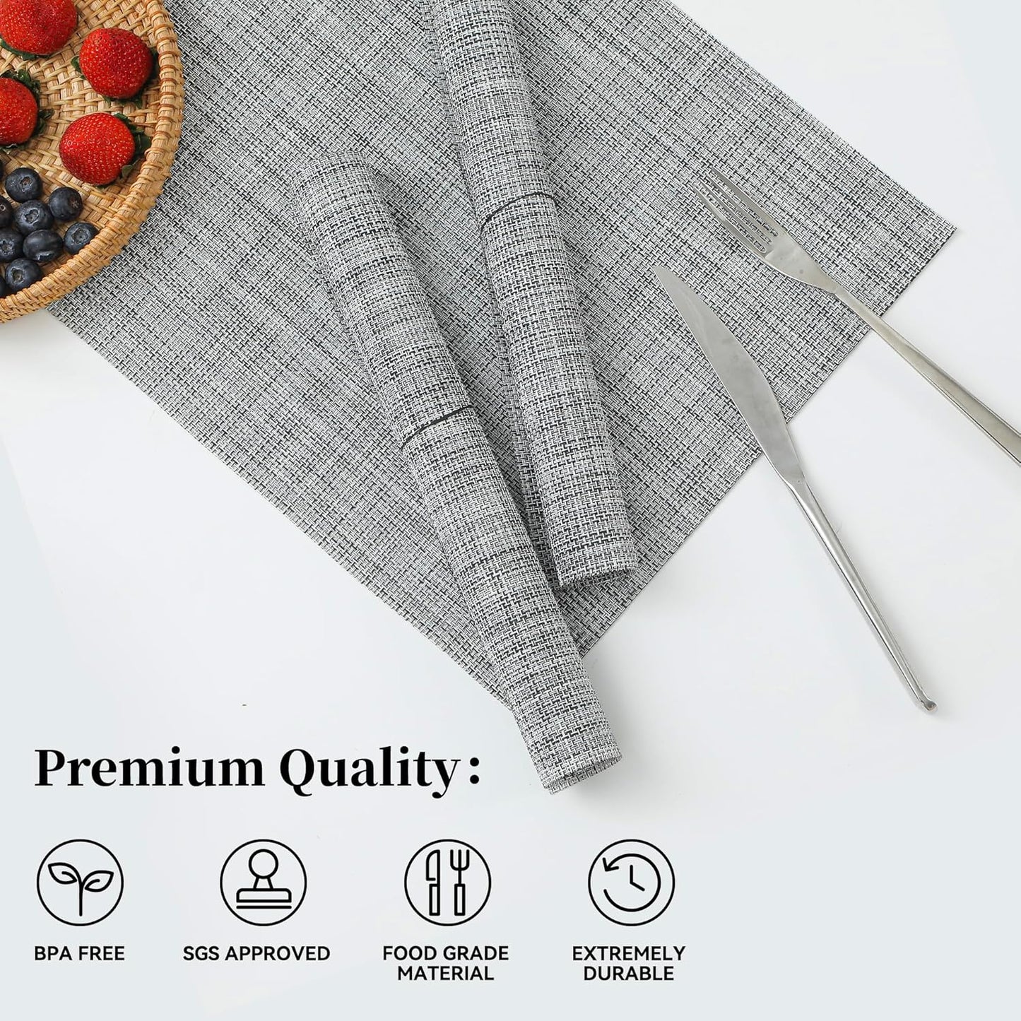 Leetaltree Linen Grey Placemats Set of 6 - Heat Resistant Non-Slip Place mats for Dining Table, Washable Durable PVC Vinyl Woven Table Mats（Linen Grey, 6）