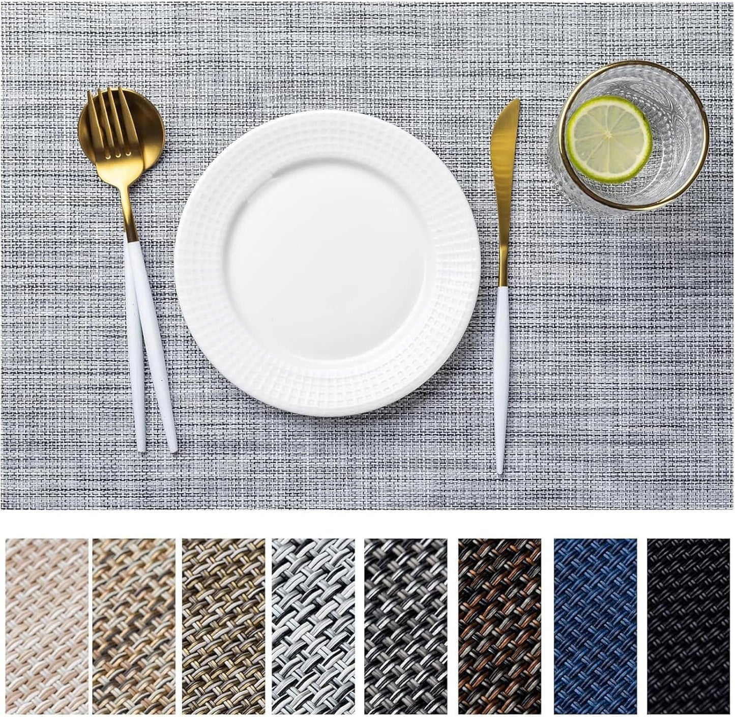 LEXMORE Placemats Set of 8 Vinyl/Plastic Woven Place Mats for Kitchen Table Indoor/Outdoor Washable Placemat Wipeable Dining Table Mats(A-Gray)
