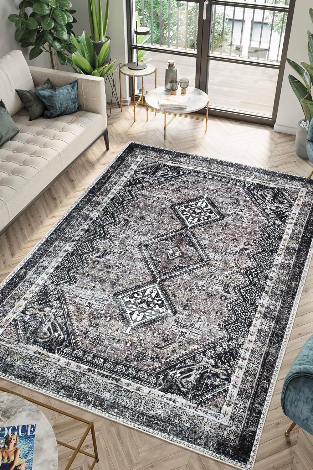 Keen Home Design 6x9 Rug - Machine Washable Area Rug with Non-Slip Backing, Ideal for Living Room, Dining Room, Bedroom - Vintage, Easy Clean, Durable, Low Pile Rug - (6' x 9')