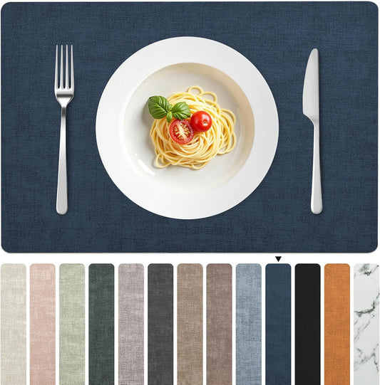 FROMHEART Faux Leather Placemats Set of 12–Waterproof,Heat/Oil Stain-Resistant PU Table Mat–Reversible,Non-Slip,Easy to Clean Place Mats for Kitchen,Dining,Indoor/Outdoor,(Dark Blue,11.8" x 17")