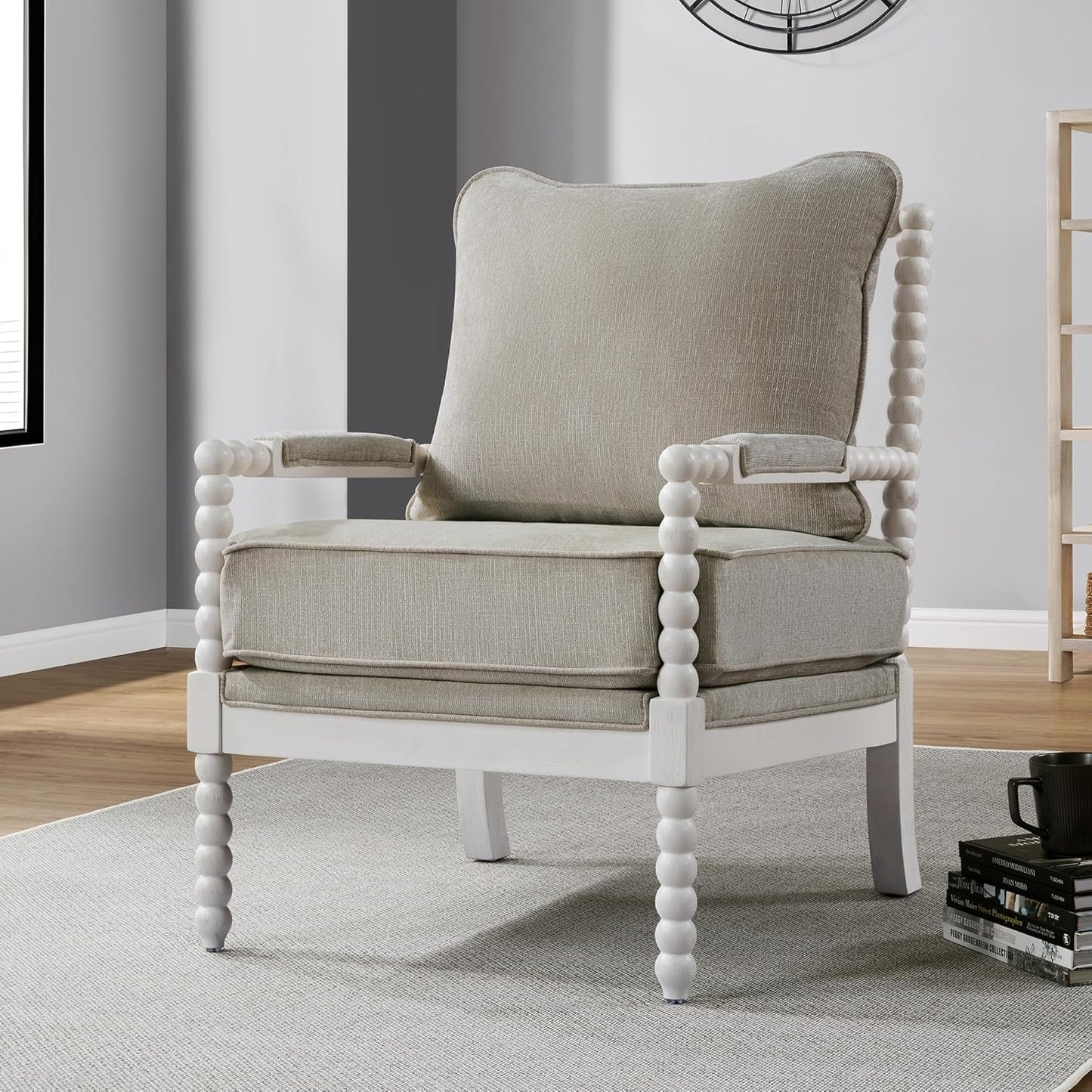 DUHOME Linen Fabric Spindle Accent Chair with Wood Frame,Spool Chairs with High Resilience Spring Cushion and Armrest Pads, Leisure Armchair for Living Room Bedroom Farmhouse Home Office Belcony