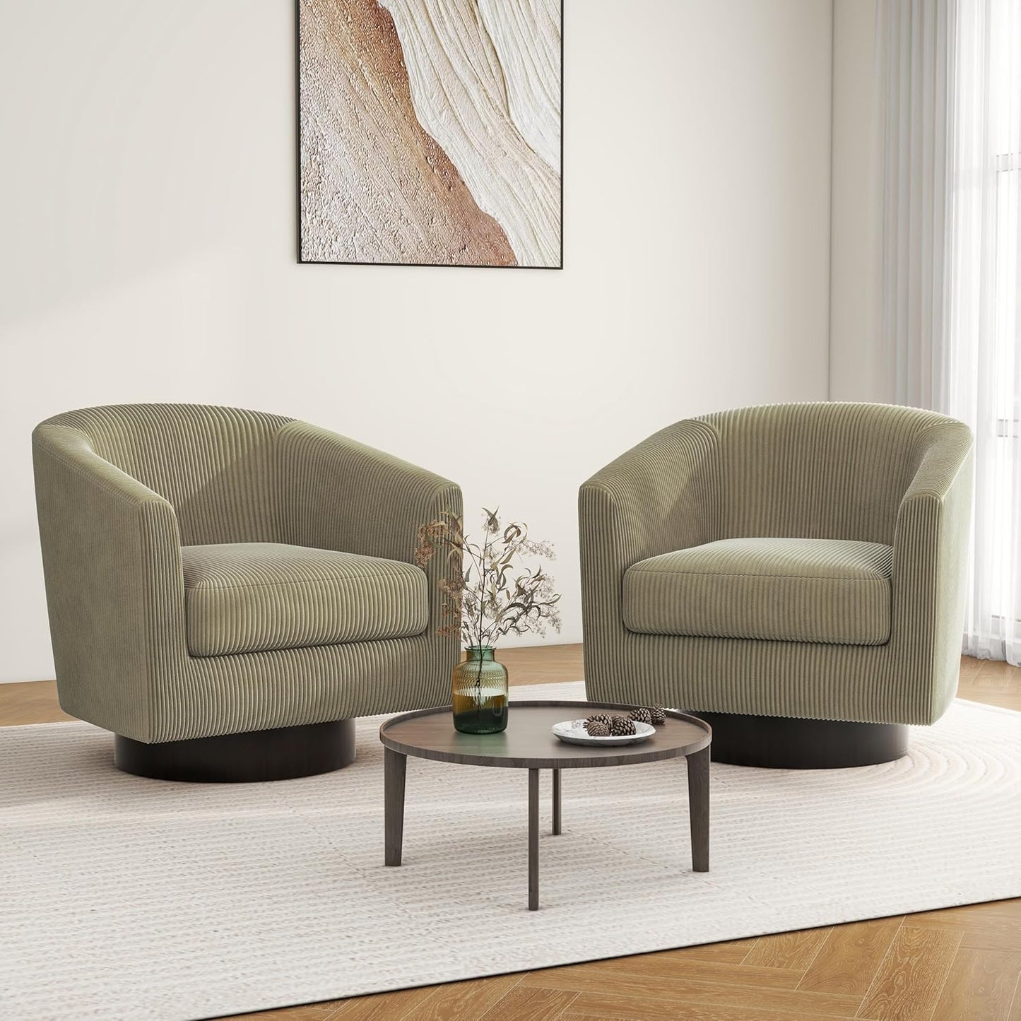 Swivel Barrel Accent Chair, Modern Round Corduroy Fabric Arm Chair for Living Room, Bedroom, Comfy Club Reading Chairs for Adults (Corduroy Camel, Set of 2)