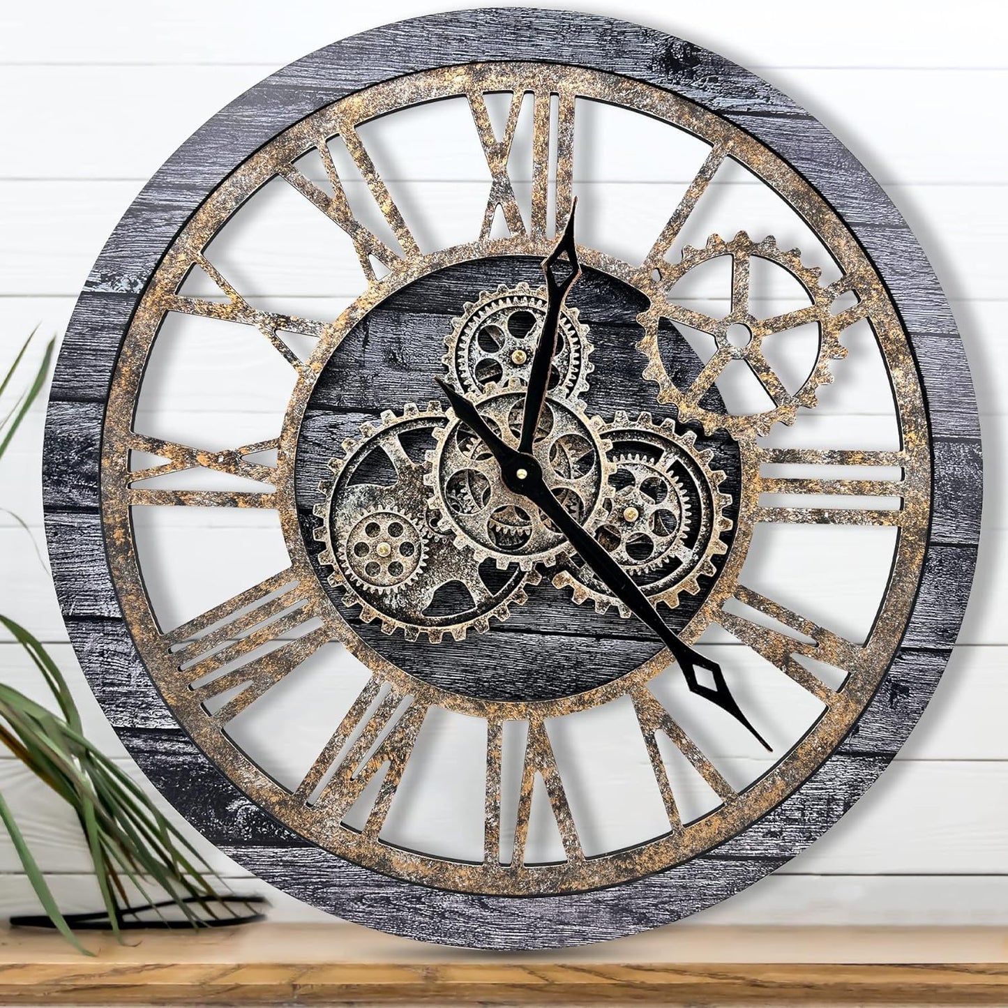 The B-Style Large Wall Clock 24 inch Moving Gear Wall Clock Oversized Vintage Farmhouse Wall Clocks for Living Room Decor Decorative Rustic Industrial Wood Clock (Carbon Gray)