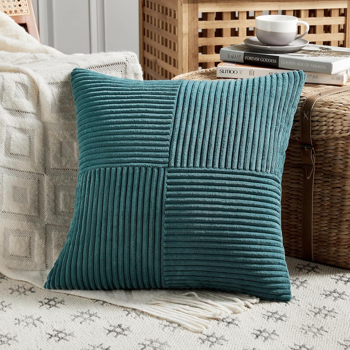 Fancy Homi 2 Packs Teal Big Decorative Throw Pillow Covers 24x24 Inch for Living Room Couch Bed, Rustic Farmhouse Boho Home Decor, Soft Corss Corduroy Patchwork Accent Square Cushion Case 60x60 cm