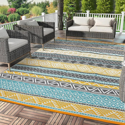 GAOMON Outdoor Plastic Straw Rug, 10'x14' Reversible Sage Green Patio Mat, Flower Modern Design for RV, Backyard, Deck, Camping, Picnic, Teal/Yellow(Bohemia)