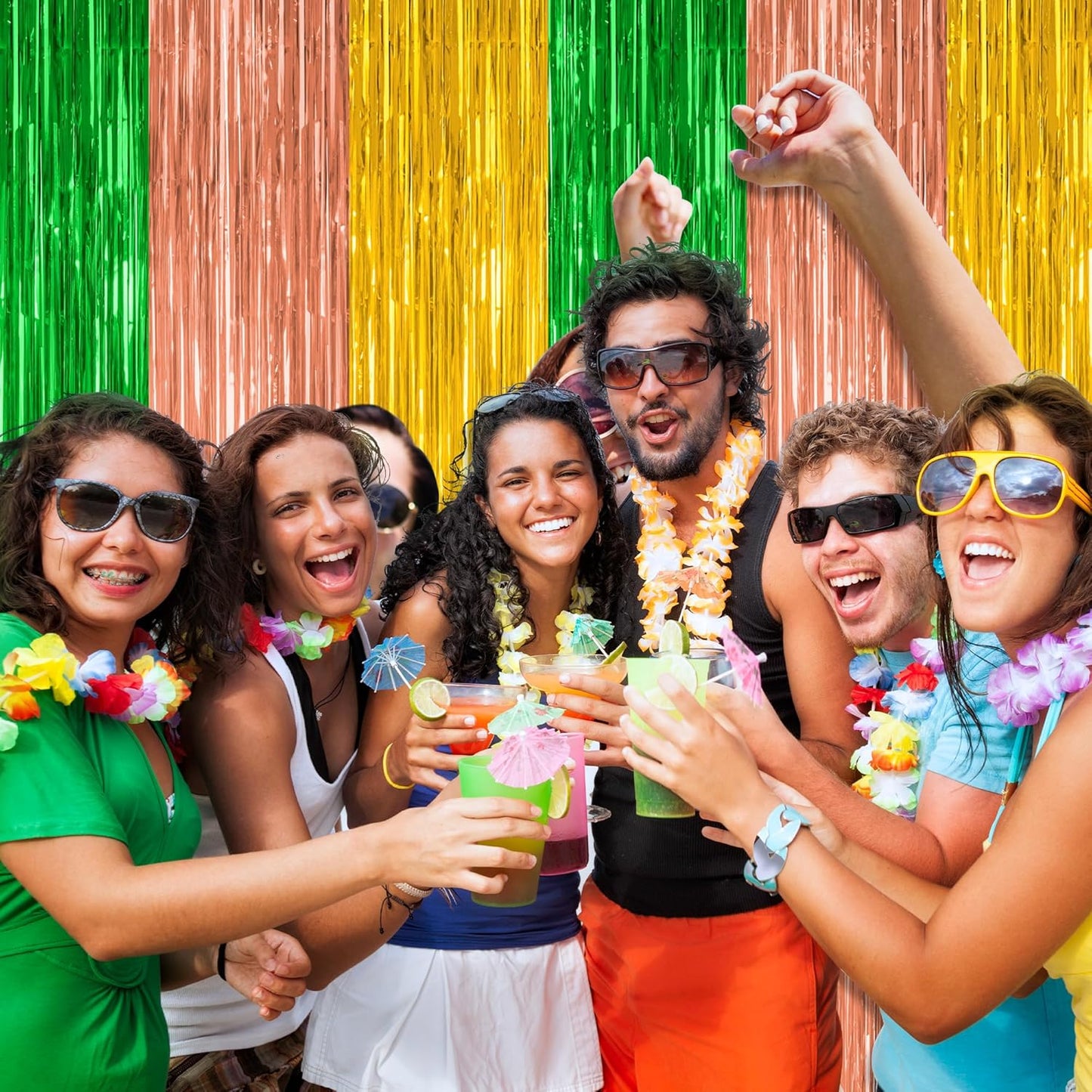 4 Pack Hawaiian Party Decorations, 3.28 FT x 7.05 FT Hawaii Tinsel Backdrop, Green Brown Yellow Foil Curtains Fringe Backdrop Party Streamer, Metallic Summer Decor Luau Party Decorations