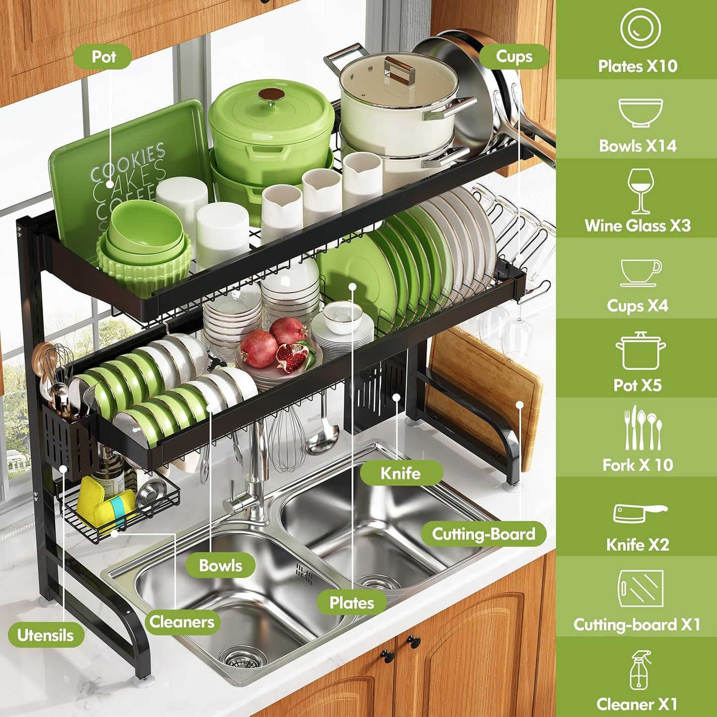 3 Tier Extra Large Stainless Steel Expandable Over The Sink Dish Drainer Drying Rack, Rust Proof Metal, Space Saving, Modern Black Big Capacity Extendable Plate Strainers Above Kitchen Counter