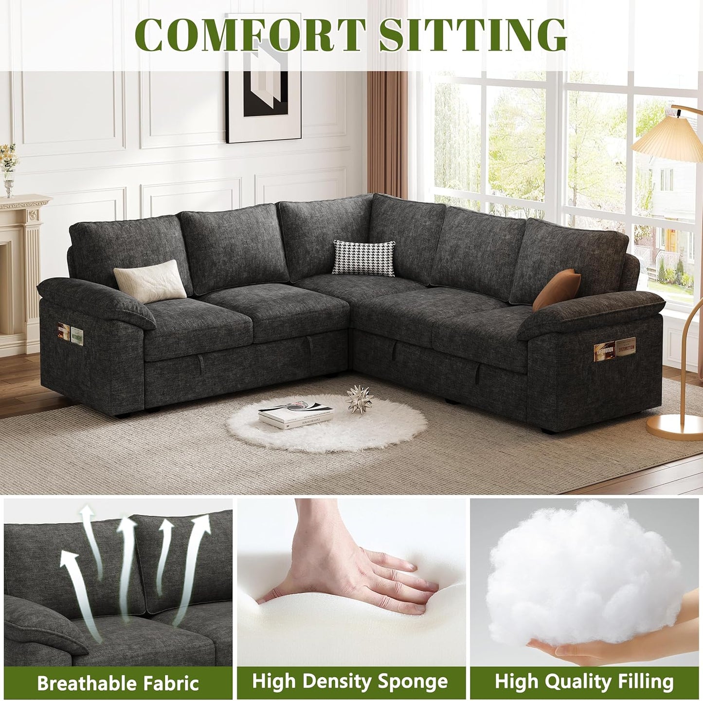 85 Inch Modular Sectional Sofa with Pull Out Bed,L Shaped 5 Seat Sectional Sleeper Sofa with Storage,Sectional Couches for Living Room,Cloud Modular Couch,Removable Sofa Cover,Dark Grey