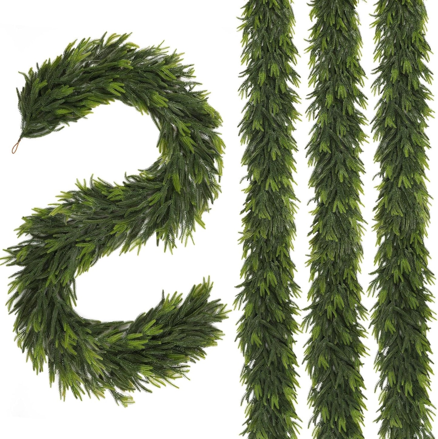 N&T NIETING 9FT Christmas Norfolk Pine Garland, Real Touch Pine Garlands Faux Greenery Garland Winter Christmas Garland for Table Mantle Holiday Indoor Outdoor Xmas Decorations (4 Pcs)