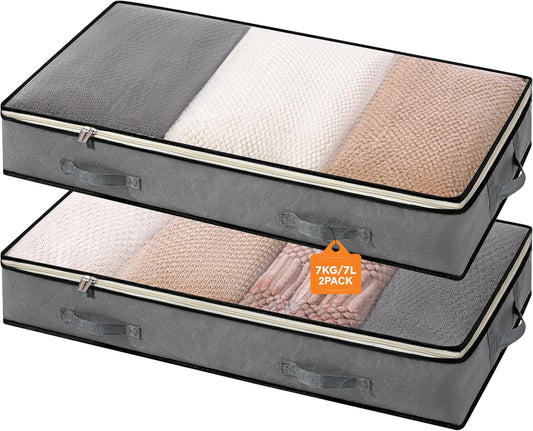 storageLAB Under Bed Storage Containers - Foldable Closet Organizer with Clear Top, Sturdy Handles - 7L Capacity Storage Box for Clothing, Comforter, Blanket, and Shoe - 2 Pack, Soft-Sided, Gray