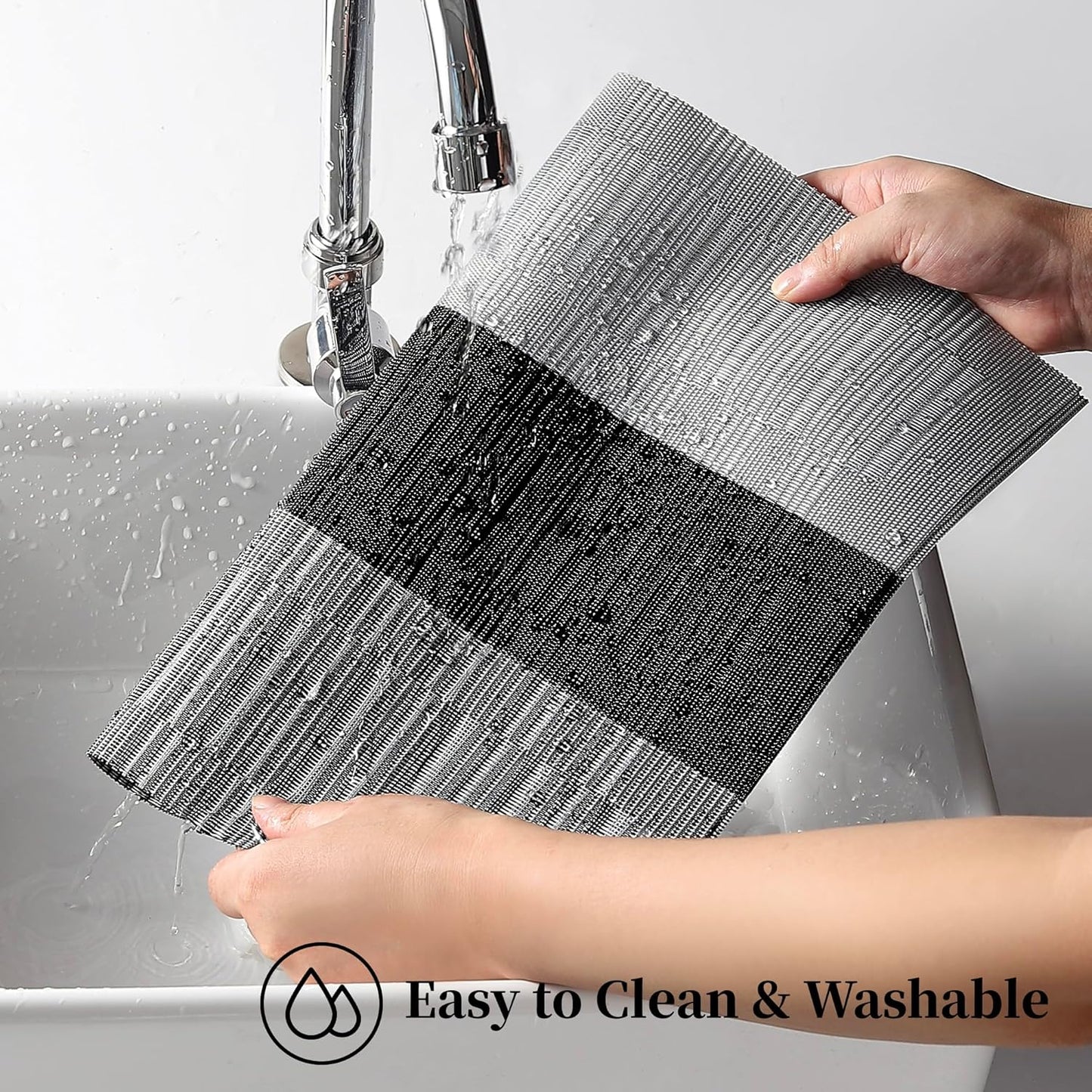 Leetaltree Grey with White Striped Placemats Set of 4 - Heat Resistant Non-Slip Place mats for Dining Table, Washable Durable PVC Vinyl Woven Table Mats（Grey Stripe, 4）
