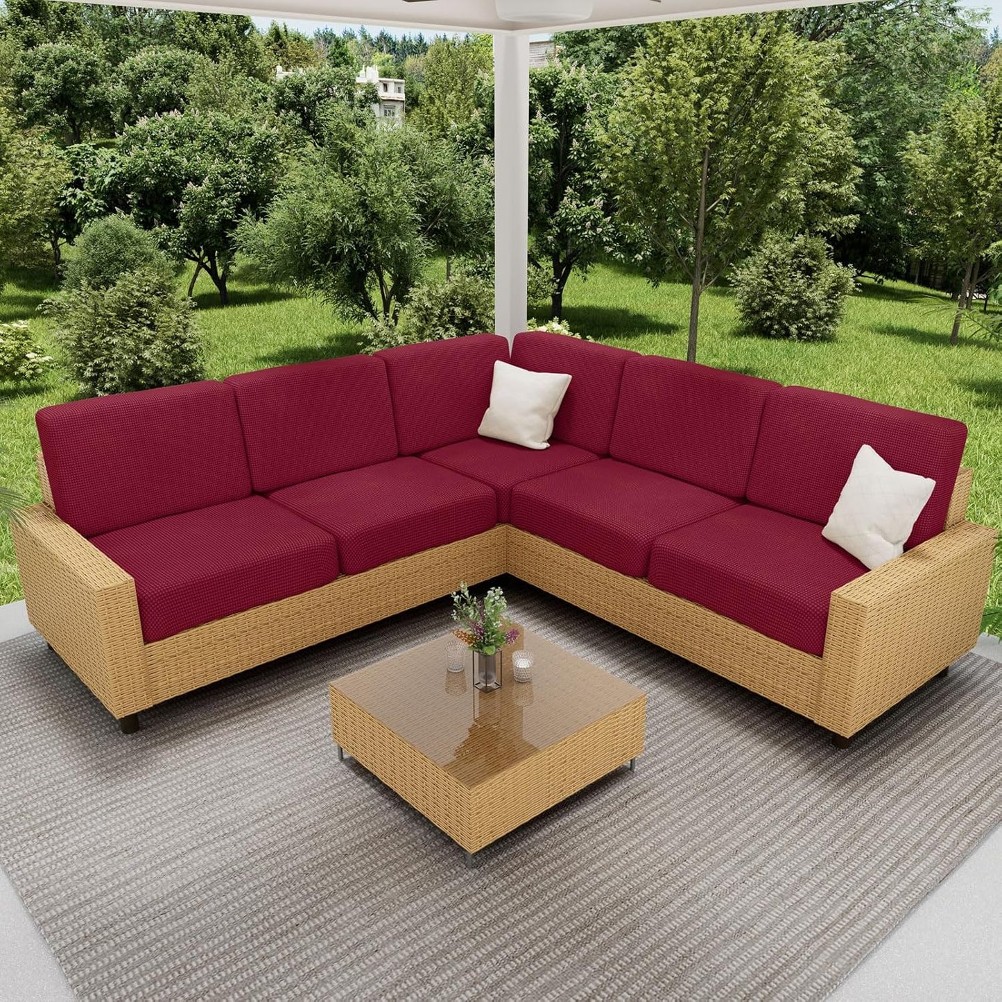 hyha Waterproof Couch Cushion Covers for Pets, Non Slip Sofa Seat Cover for Dogs Washable, Soft Thick Stretch Jacquard Fabric, Sofa Slipcovers with Elastic Bottom (1 Piece for Large, Wine Red)