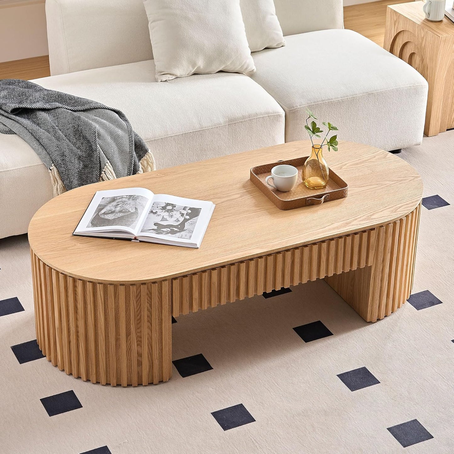 51.18'' Oval Coffee Table for Living Room Fluted Center Table with Drawer, Mid Century Modern Coffee Tables, Easy Assembly for Office Storage Tea Table Oak