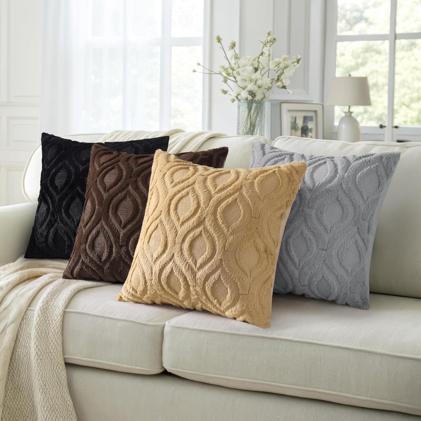 decorUhome Fall Throw Pillow Covers 18x18 Inch Set of 2, Soft Plush Decorative Faux Fur Black Solid Couch Pillow Covers, Accent Farmhouse Neutral Square Euro Pillow Cases for Sofa Bed Living Room