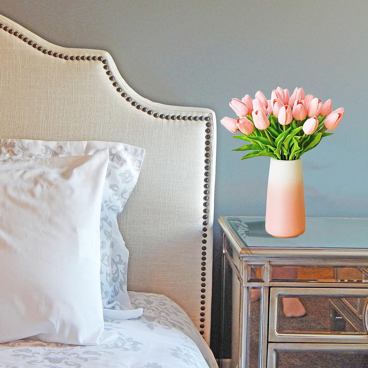Mandy's Artificial Tulips 28 Stems Light Pink with Gradient Pink Vase PU Faux Flowers for Wedding Home Decor 13.5 Inch