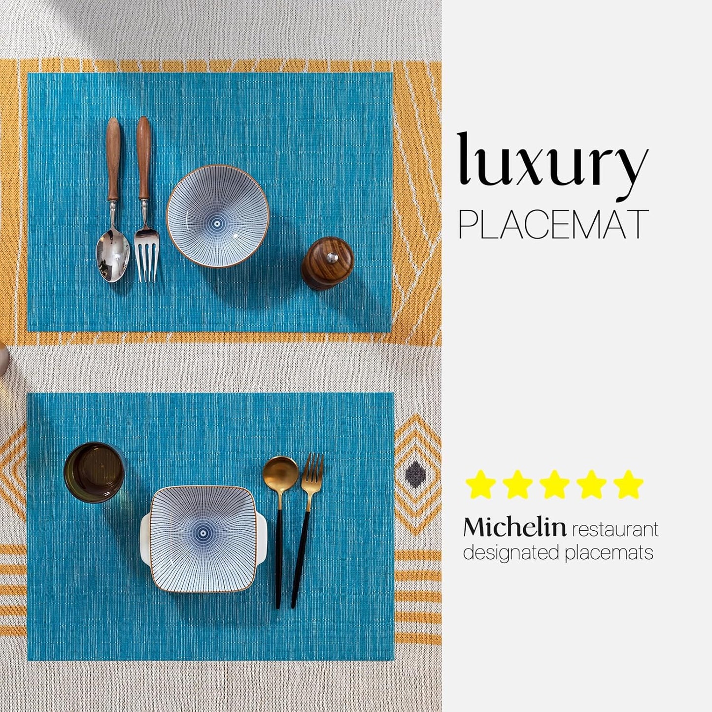 LEXMORE Placemats Set of 4 Vinyl/Plastic Woven Place Mats for Kitchen Table Indoor/Outdoor Washable Placemat Wipeable Dining Table Mats(Teal Blue)