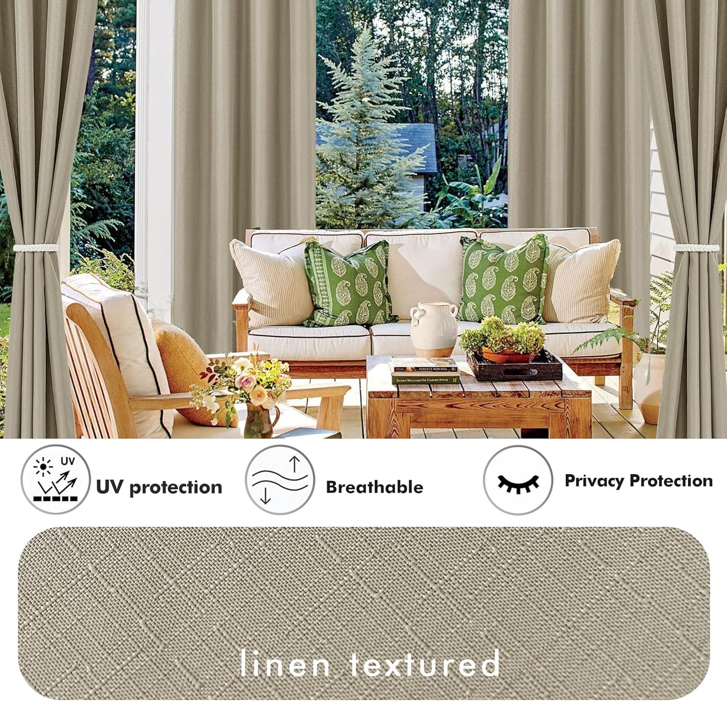 HolidayIdeas 4 Panels Linen Outdoor Curtains for Patio Waterproof Taupe Outside Curtains 110"x95"-Gazebo Wide Curtains Weighted Weatherproof, Privacy for Pergola, Porch, Cabana, Deck, Sunroom