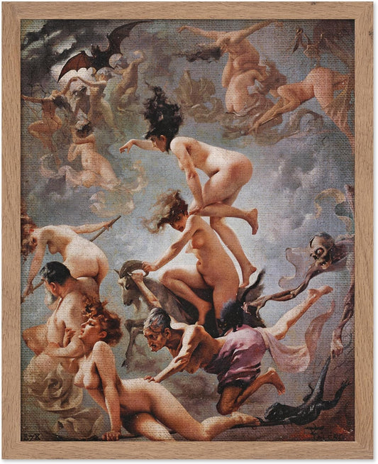 Poster Master Vintage Luis Ricardo Falero Poster - Retro Occult Print - Gift for Gothic, Horror Fan - Witches Going to their Sabbath, Pagan - Wall Decor for Bedroom, Dorm, 11x14 Beige Framed
