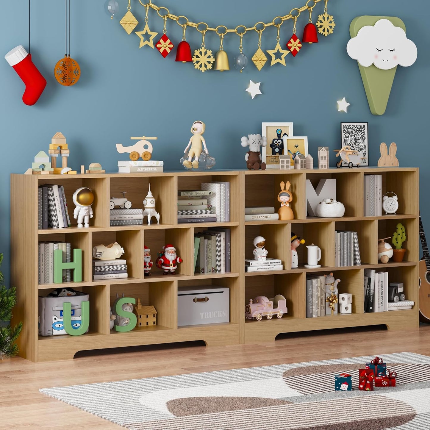 Book Shelf Set of 2, 10 Cubes Storage Organizer, 3-Tier Open Bookshelf Wooden Bookcase, Freestanding Log Bookshelf Cube Shelf for Bedroom, Living Room, Home Office