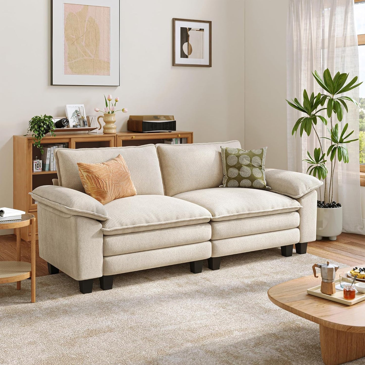 LINSY HOME Sectional Loveseat Sofa - 90'' Oversized Corduroy Cloud Couch Soft Modern Comfy Green Loveseat Couch Deep Seat Couches for Living Room Bedroom Apartment Office, Beige