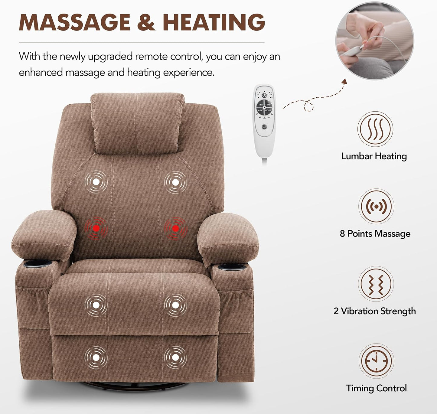 Swivel Rocker Recliner Chair with Heat and Massage, 360 Degree Swivel Rocking Single Sofa with Cup Holders and USB Port, Big Oversized Recliner Chair for Living Room (Fabric, Brown)