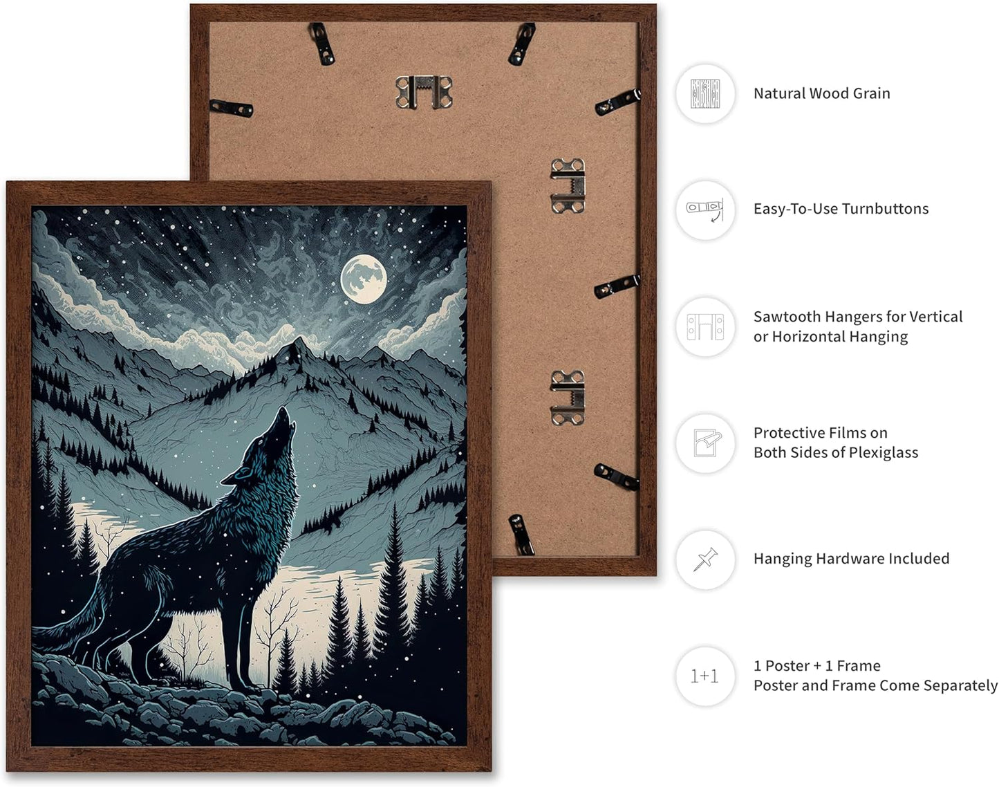 Poster Master Vintage Illustration Poster - Retro Animal Print - Gift for Artist, Friend - Wolf Howling at the Moon, Mountain, Snow, Landscape - Wall Decor for Home, Office, 8x10 Brown Framed