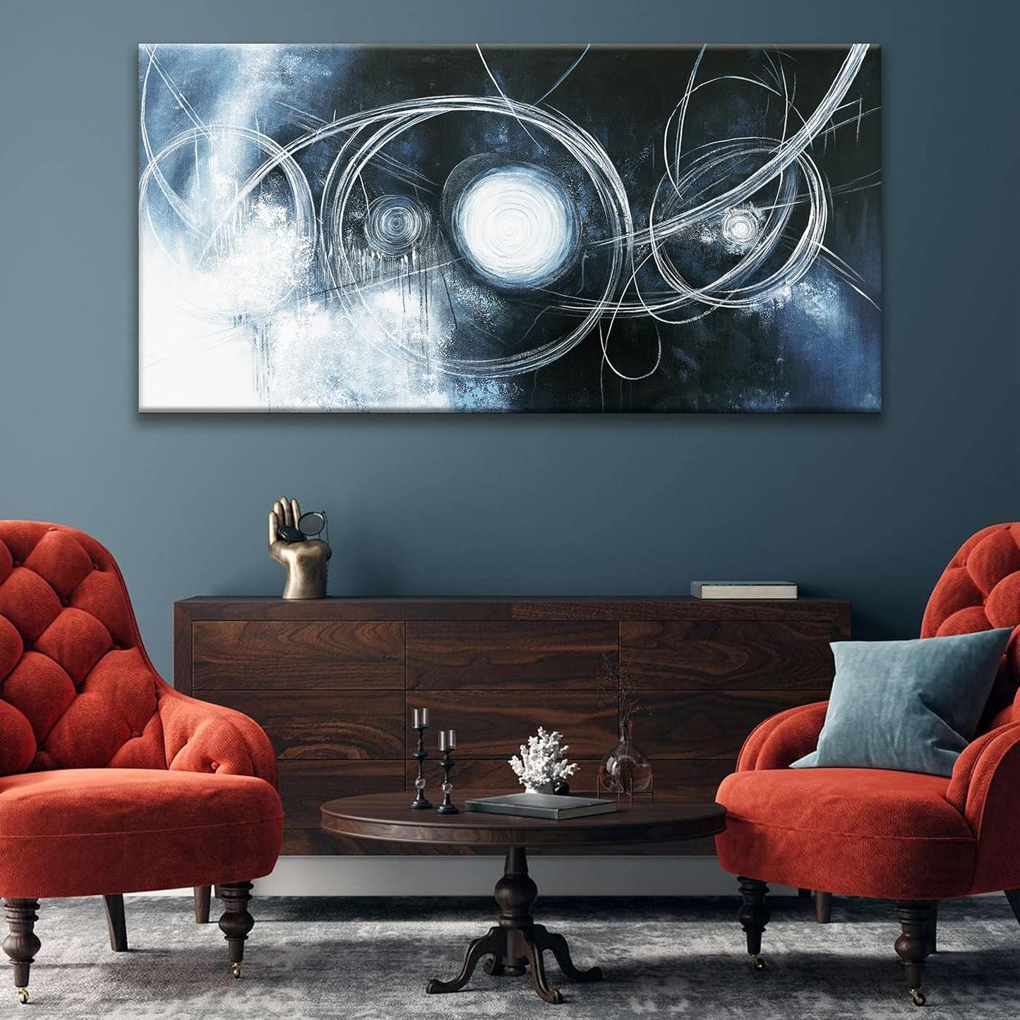 TAIJXAGSG Large Abstract Wall Art For Living Room Modern Dark Blue Wall Canvas Decorations White Line Canvas Wall Art Decor Prints Artwork Bedroom Kitchen Office Home Wall Artwork 29"×58"