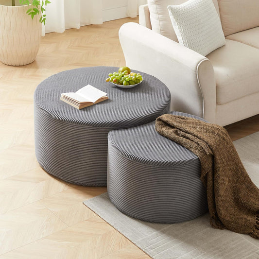 WILLIAMSPACE 50" Foam Nesting Coffee Table Set of 2, Modern Upholstered Round Center Tables for Living Room, Accent Side Tea Table Ottoman, No Assembly - Grey