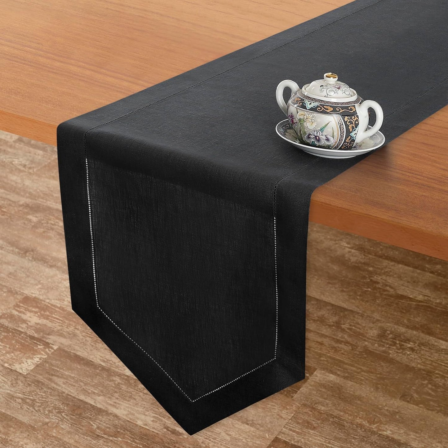 D'Moksha Homes Black Linen Table Runner 108 Inches Long - 100% Pure Linen Diamond Table Runner 14 x 108 Inch for Dining, Fall and Halloween - Machine Washable