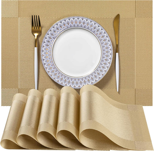 LEXMORE Placemats Set of 12 Vinyl/Plastic Woven Place Mats for Kitchen Table Indoor/Outdoor Washable Placemat Wipeable Dining Table Mats(G-Gold Cube)