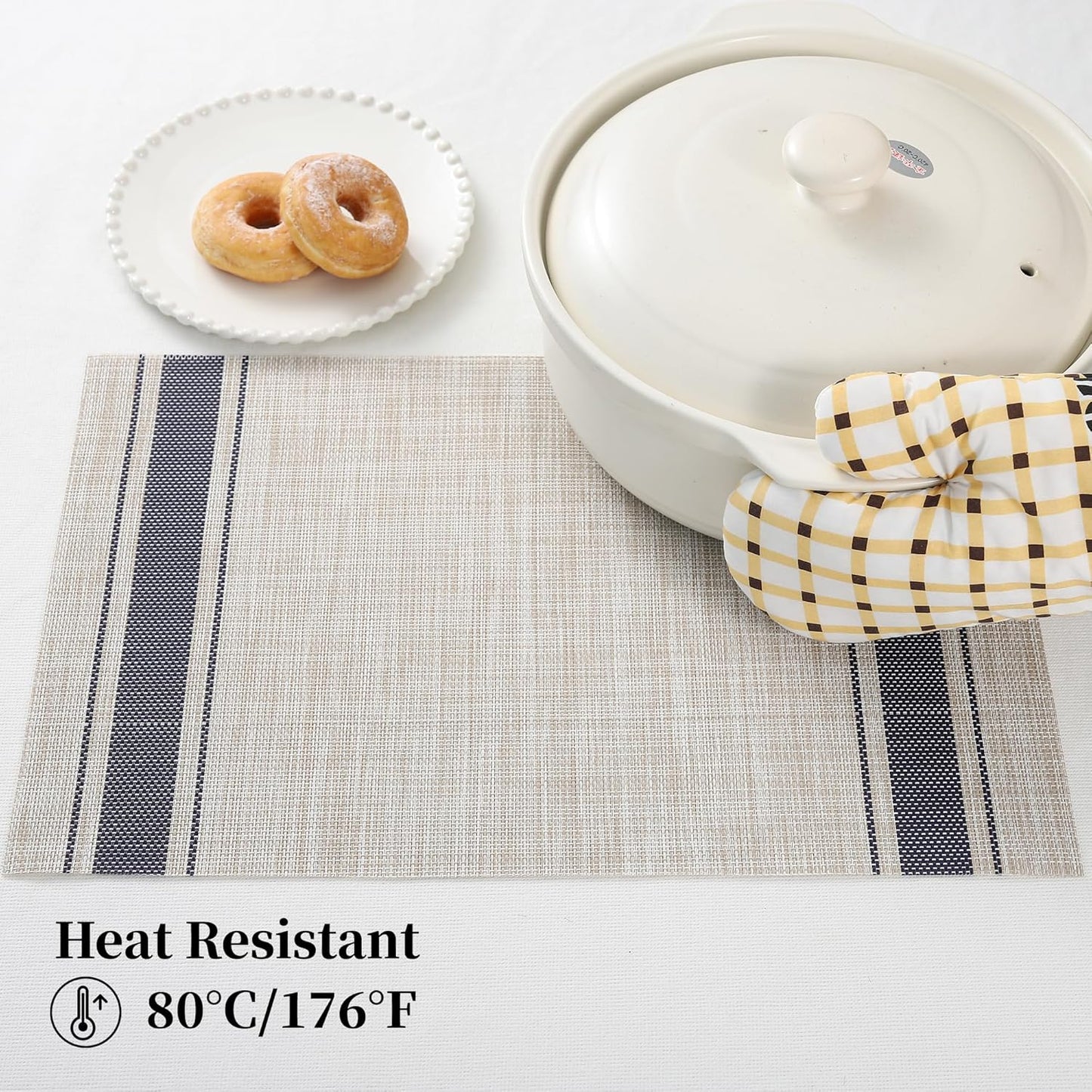 Leetaltree Khaki-Blue Placemats, Heat Resistant Non-Slip Place mats for Dining Table, Washable Durable PVC Vinyl Woven Table Mats (Set of 6)