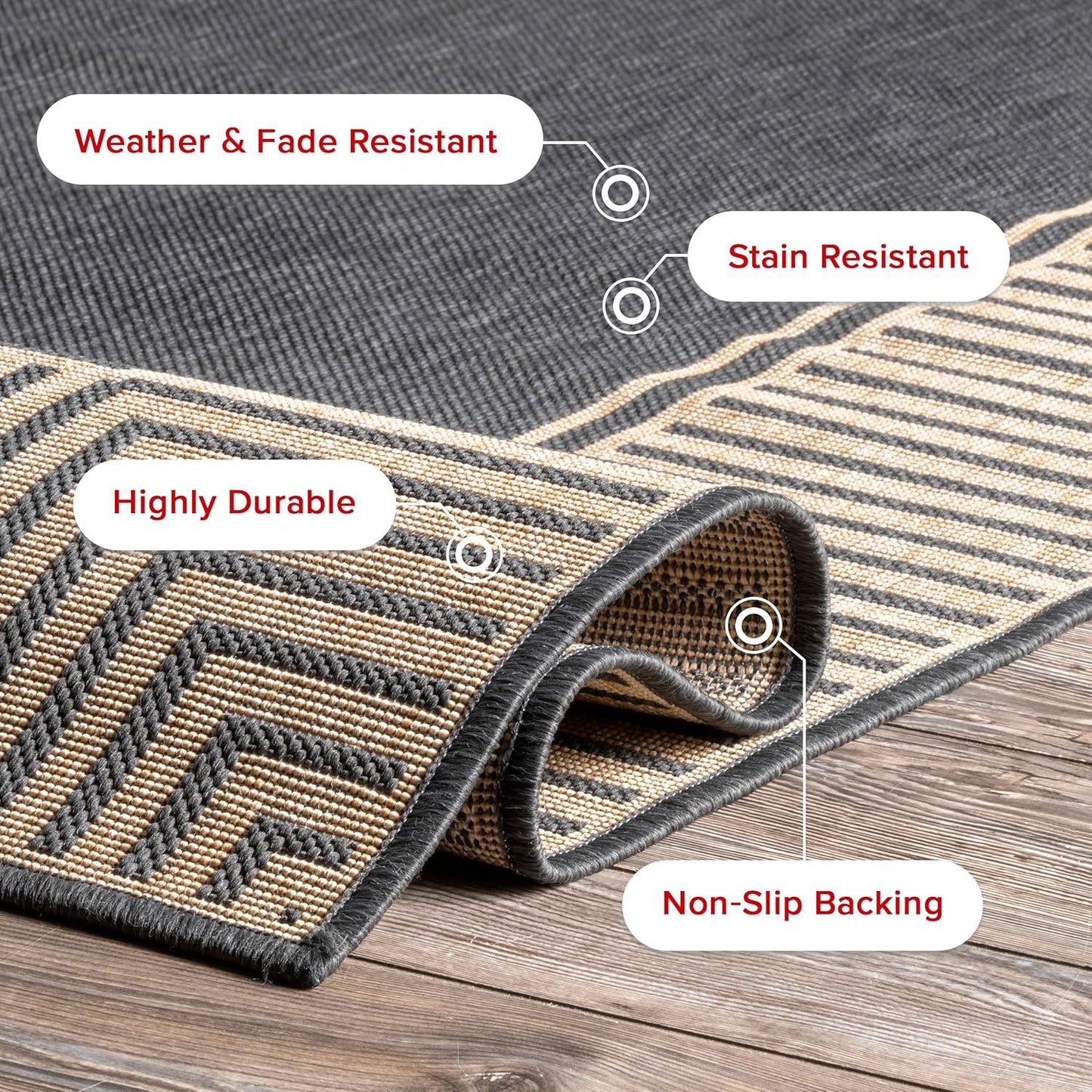 nuLOOM 9'6" x 12' Outdoor Area Rug, Casual Design With Striped Border, Stain Resistant, Highly Durable, For Patio, Balcony, Bedroom, Living Room, Dining Room, Bathroom, Dark Grey