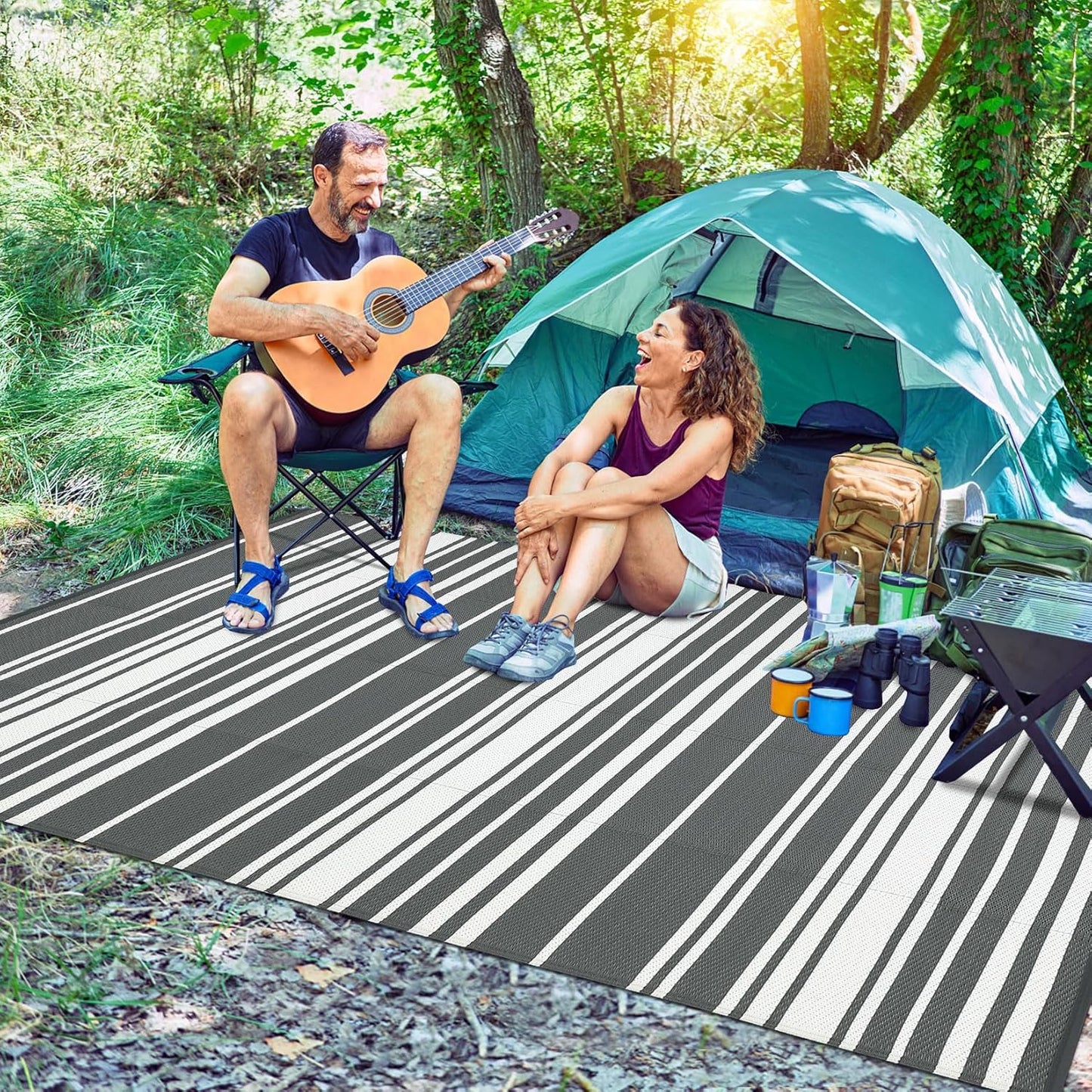 Outdoor Plastic Straw Rug 9x18 Waterproof Outside Rug, Large Modern Striped Reversible Floor Mats, Foldable & Lightweight Camping Carpet for Patio, Porch, Deck, Backyard, Balcony, Grey