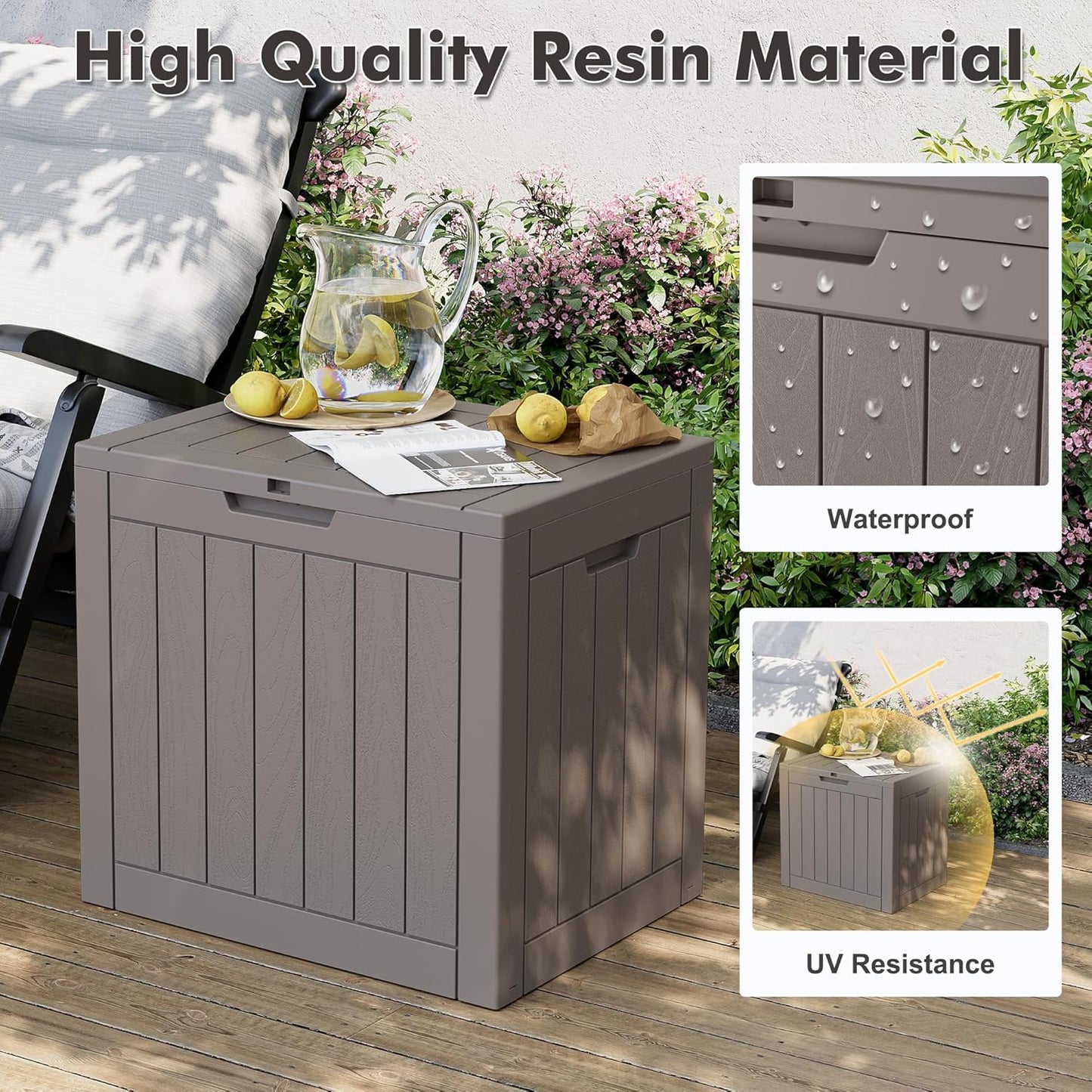 32 Gallon Deck Box Lockable Resin Indoor Outdoor Storage Box waterproof Outdoor Container for Patio Furniture, Pool Accessories, Cushions, Garden Tools, Sports Equipment