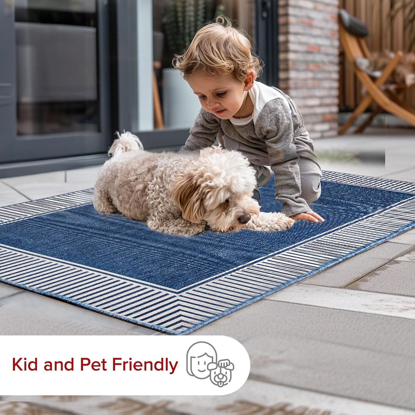 nuLOOM 2' x 8' Outdoor Area Rug, Casual Design With Striped Border, Stain Resistant, Highly Durable, For Patio, Balcony, Bedroom, Living Room, Dining Room, Bathroom, Navy