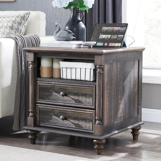 T4TREAM 24'' Farmhouse End Table w/4 Solid Wood Feet, Large 2 Drawers Wide Sofa Side Table with Charging Station, Tall Rustic Wood Square Nightstand for Living Room, Bedroom, Office, Dark Rustic Oak