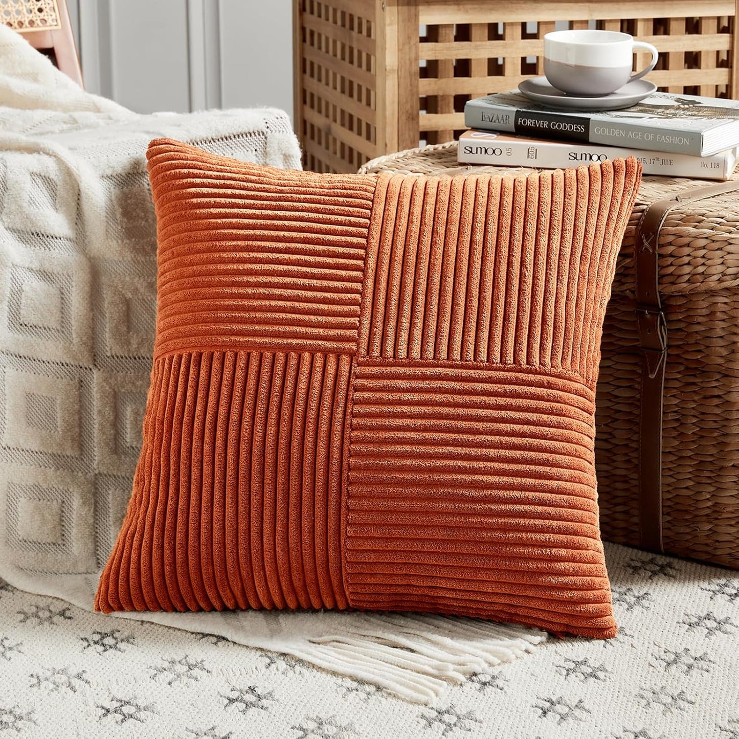 Fancy Homi Set of 2 Burnt Orange Decorative Throw Pillow Covers 26x26 Inch for Living Room Couch Bed, Boho Farmhouse Fall Home Decor, Soft Corss Corduroy Patchwork Textured Cushion Case 66x66 cm