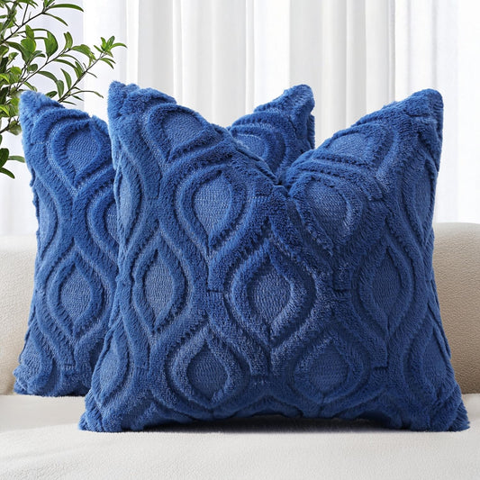 decorUhome Fall Throw Pillow Covers 18x18 Inch Set of 2, Soft Plush Decorative Faux Fur Dark Blue Solid Couch Pillow Covers, Accent Farmhouse Neutral Square Euro Pillow Cases for Sofa Bed Living Room