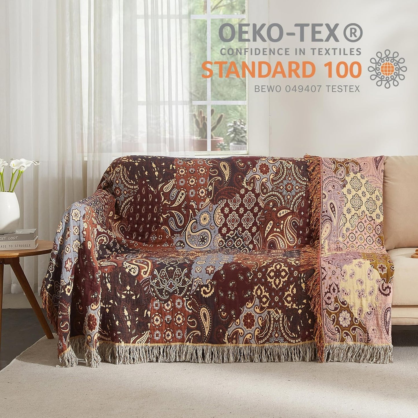 Boho Throw Blanket for Bed 60”x80”, 100% Cotton Woven Blanket for Couch Sofa, Ultra Soft 4-Layer Muslin Quilt with Patchwork Floral Printed, Farmhouse Bed Blanket/Cover for Living Room Decor