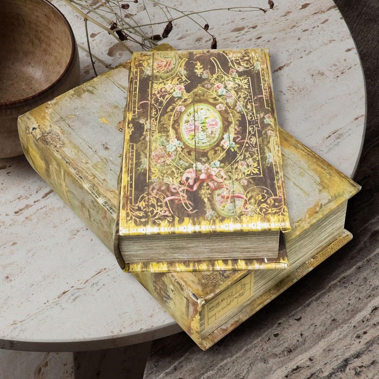 Decorative Book Box Set of 2, Trinket Keepsake Storage Boxes Shaped Storage Box Vintage Style Decorative Book Boxes Antique Books for Decoration Medal Pattern