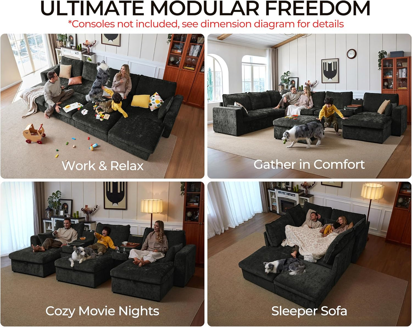 Oversized Modular Sofa Comfy Cloud Couch with Storage, Extra Deep Plush Sectional Sofa Set for Living Room, Covers Washable, Chenille, Olar (Black, 6-Seater with 2 Corners, u-Shaped)