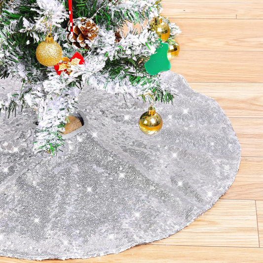Christmas Tree Skirt Silver 48 Inch Round Tree Skirt Sequin Christmas Tree Skirt for Christmas Decoration