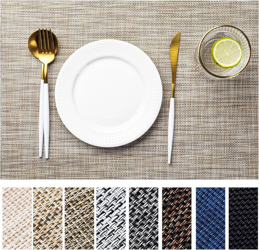 LEXMORE Placemats Set of 8 Vinyl/Plastic Woven Place Mats for Kitchen Table Indoor/Outdoor Washable Placemat Wipeable Dining Table Mats(A-Caramel)