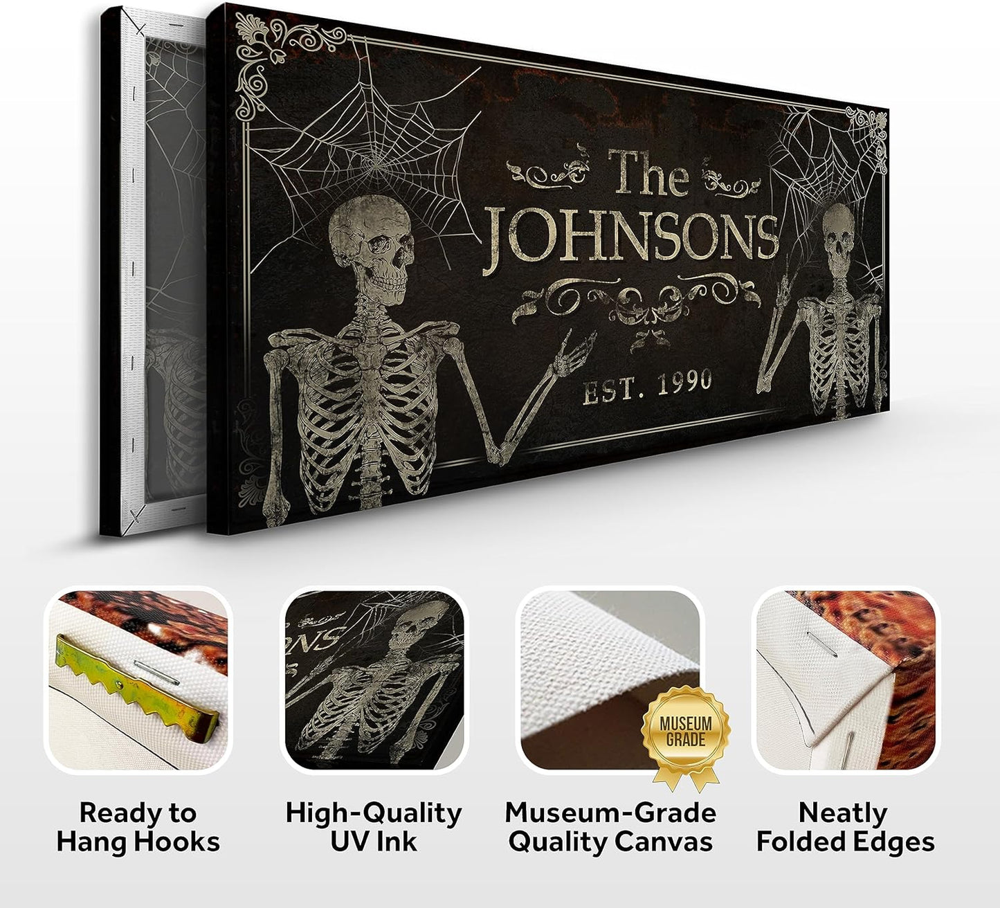 Tailored Canvases Gothic Family Wall Decor - Personalized Grunge Vintage Skeleton Room Decor for Home, Halloween Lovers, Men & Women for Bedroom, Living Room - Goth Spooky, Custom Couple Name, 48"x24"