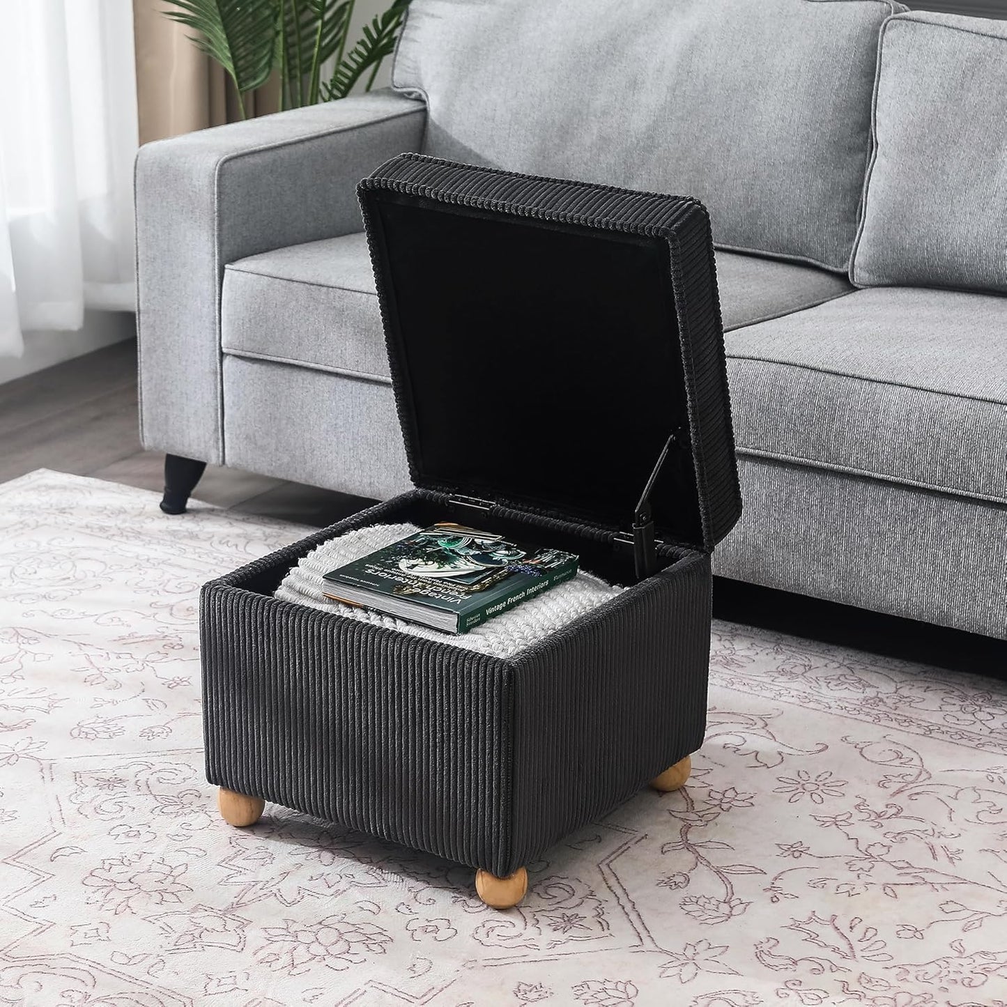 Adeco 17 Inch High Striped Flannel Black Cube Ottoman Storage, 3D Embossed Velvet Chair Foot Stools, Upholstered Vanity Stool with Hinged Lid, Solid Round Wood Legs