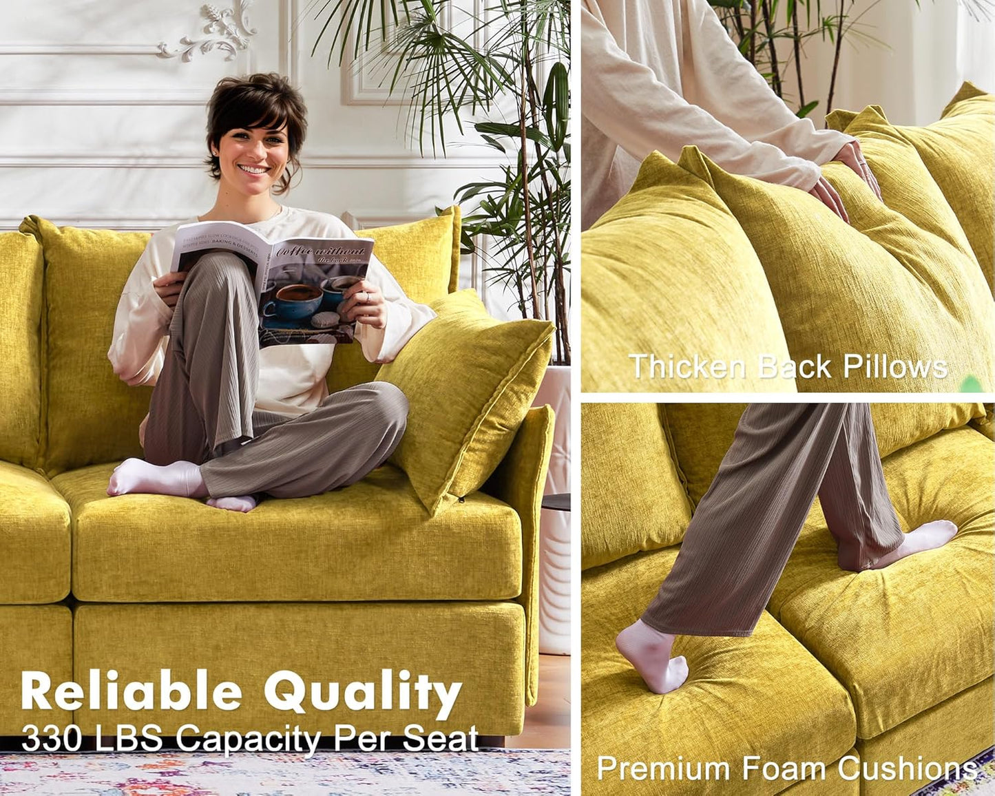136.4" Oversized Modular Sectional Sofa, U Shaped Convertible Couch with Movable Ottoman, Large 7 Seat Corner Couches for Living Room Deep Seat Yellow Chenille