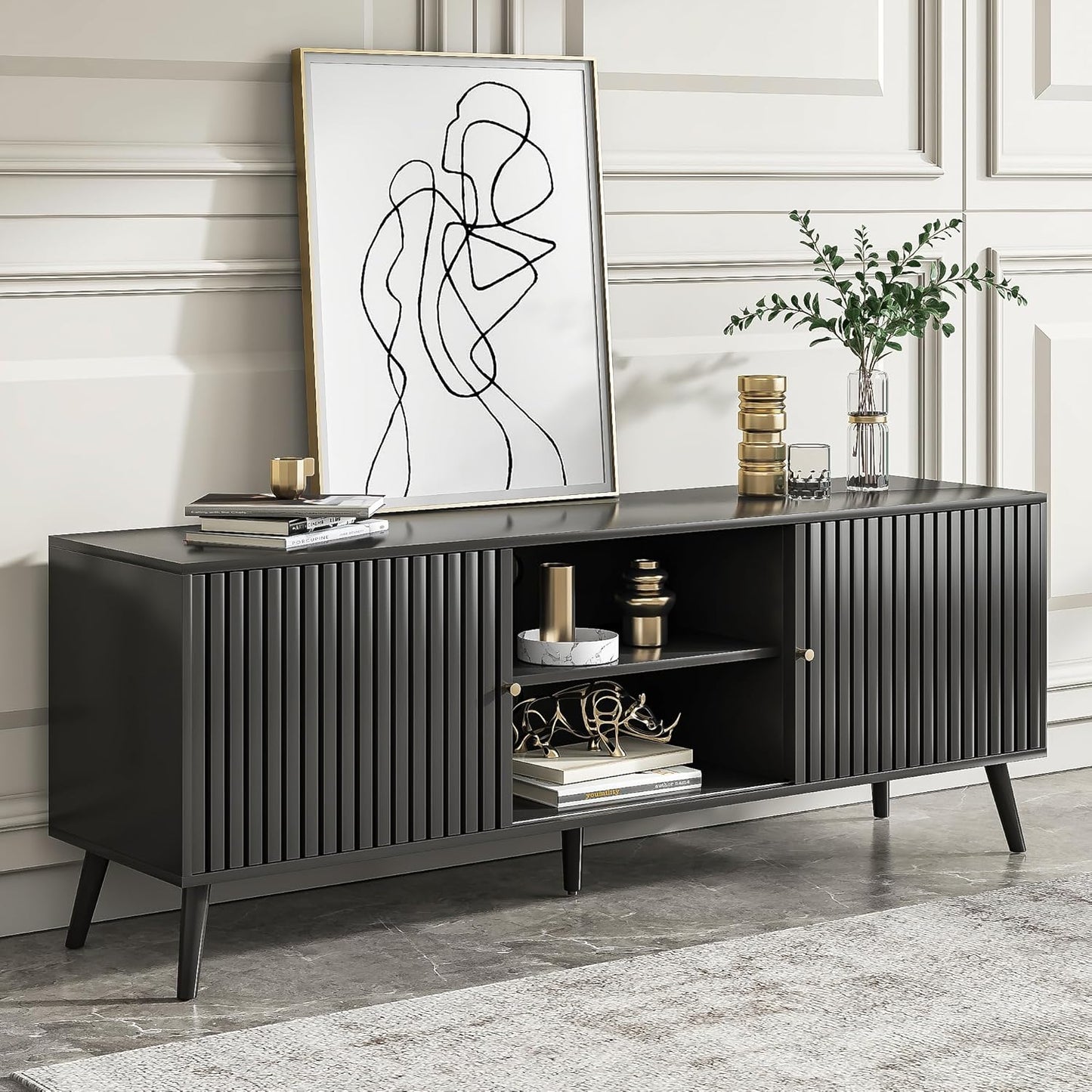 Mid Century Modern TV Stand for Televisions up to 70 Inches, with Sliding Doors and Storage, Television Stands, TV Consoles, Media Consoles for Living Room, 63 Inch (Black)