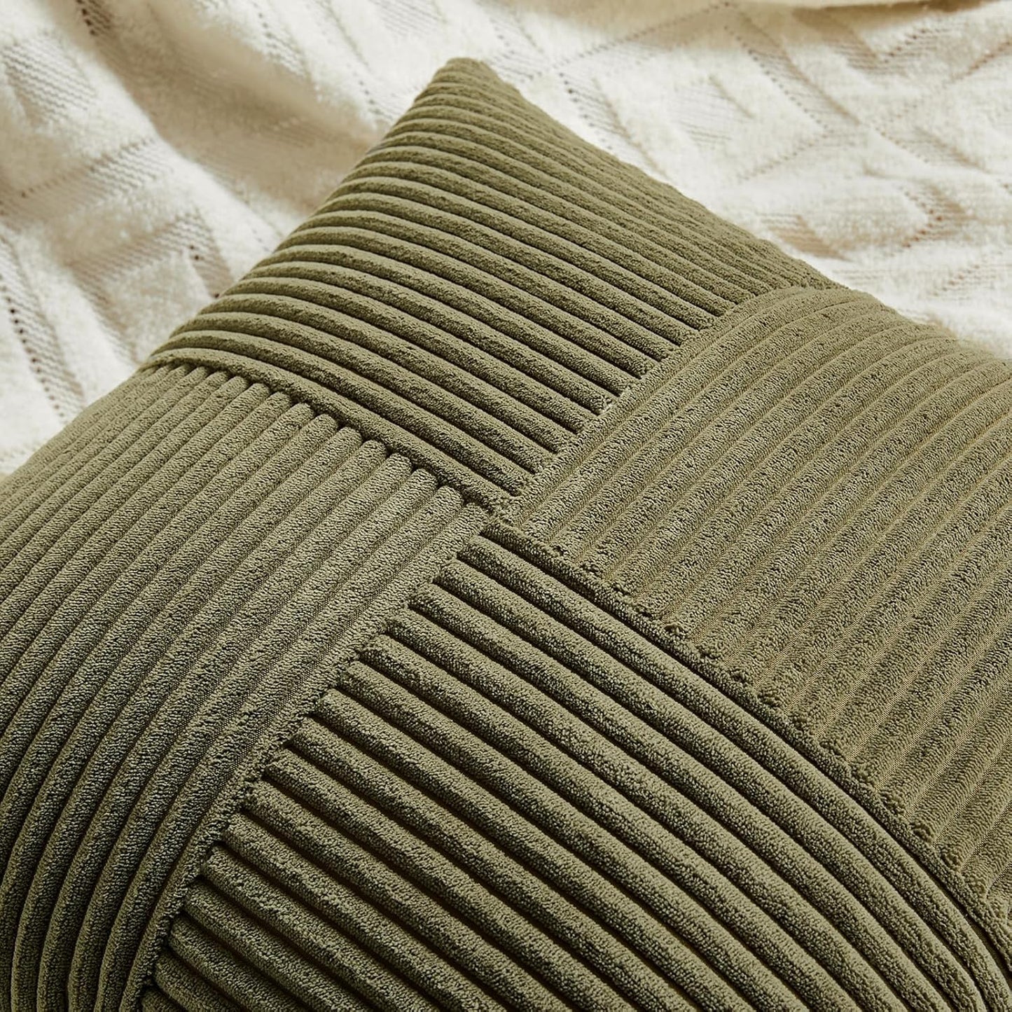 Fancy Homi 2 Packs Olive Green Samll Decorative Throw Pillow Covers 14x14 Inch with for Couch Bed Sofa, Rustic Farmhouse Boho Home Decor, Soft Corss Patchwork Corduroy Square Cushion Case 35x35 cm